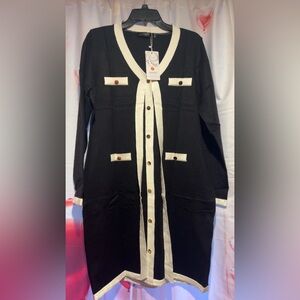 Black and Cream Long Cardigan with Button Details